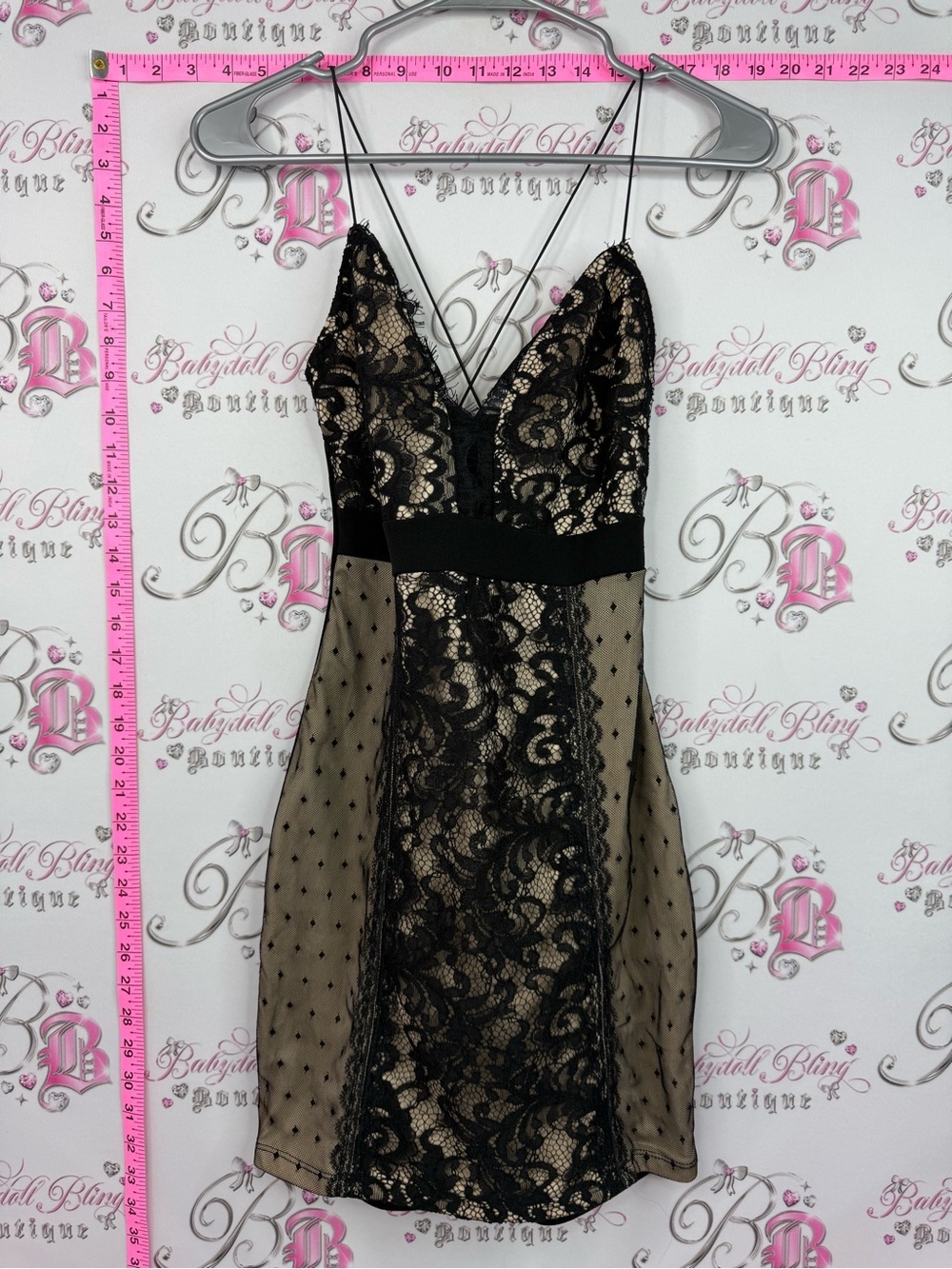 Revamped dress Lacie floral dotted Black Lace over Nude Mini Dress